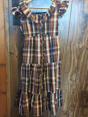 Blueberi Boulevard Multicolor Plaid Ruffle-Tier Button Dress Women's Size M